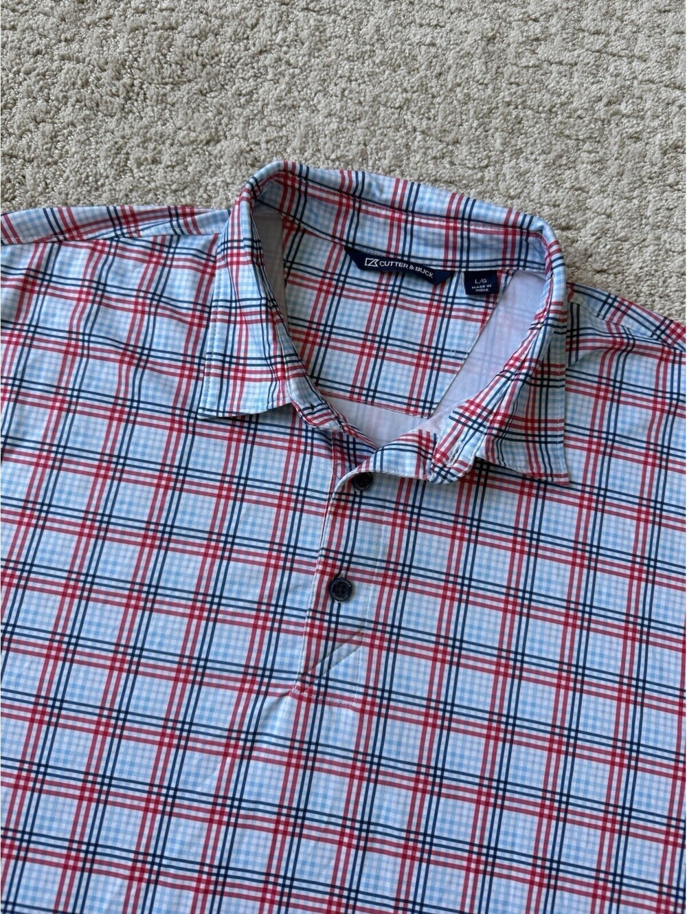 Cutter & Buck Men’s Large Golf Polo Shirt Red Blue Plaid Stretch Performance